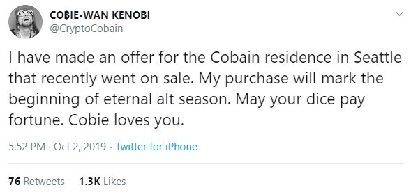 Cobie-Wan Kenobi在推特上谈论山寨币牛市和crypto