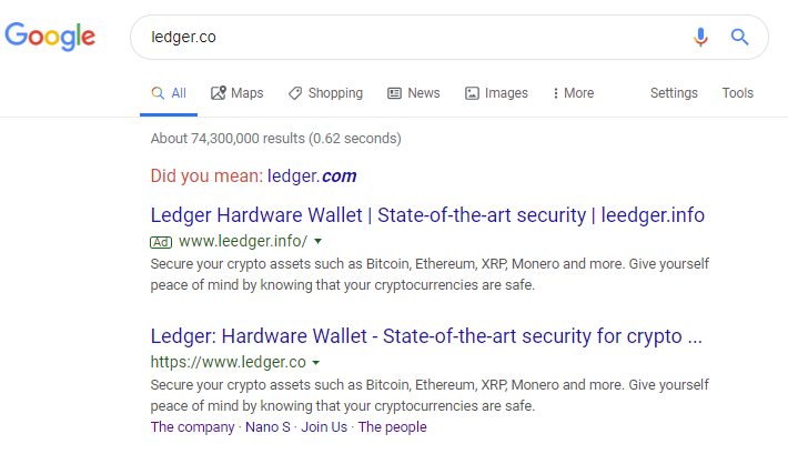 [Warning Alert] Ledger钱包网络钓鱼网站出现在Google搜索结果中插图